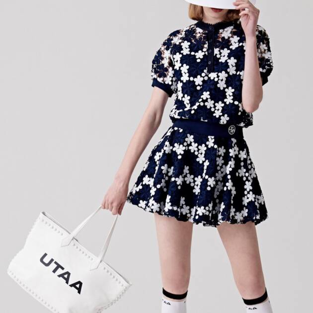 UTAA Lace Flower Net Henry Neck Blouse : Navy